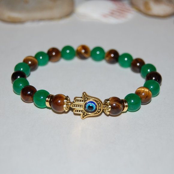 Tiger Eye Bracelet,Hamsa Hand Bracelet,8mm Tiger Eye and Jade Stone Beads,Hamsa - Picture 3 of 3